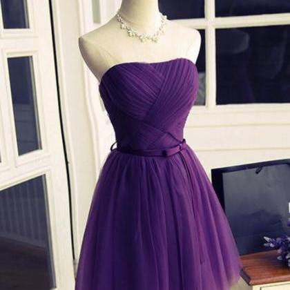 Cute Dark Purple Tulle Homecoming Dress ,Strapless Bridesmaid Dress ...