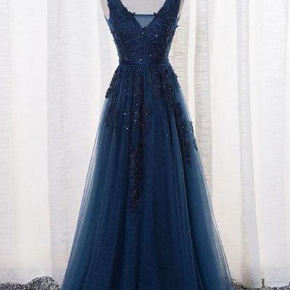 Beautiful Navy Blue Long Prom Dresses , V-neck..