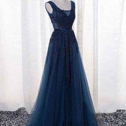 Beautiful Navy Blue Long Prom Dresses , V-neck..