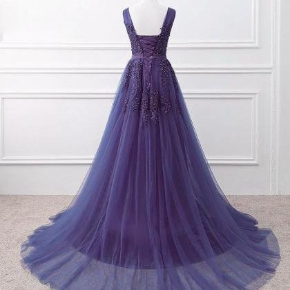 Purple Tulle V-neckline Long Party Dress, Purple..