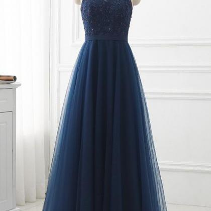 Halter Navy Blue Tulle Prom Dress Applique Long..