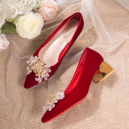 Wedding Shoes High Heels, Coarse Heel Low Heel Red..