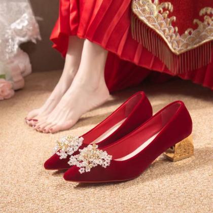Wedding Shoes High Heels, Coarse Heel Low Heel Red..