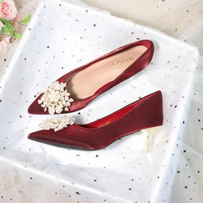 Red Pearl High Heels, Spring And Autumn,, Pointed..
