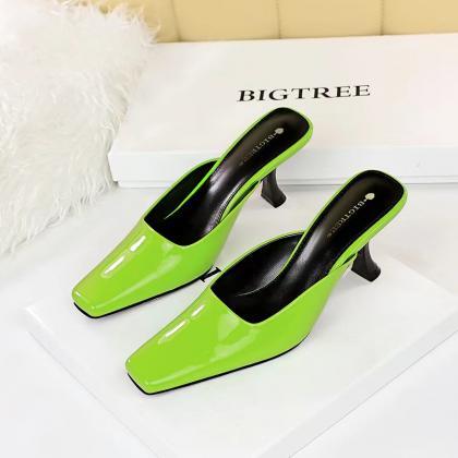 Simple High Heel, Square Shallow Mouth Bright Face..