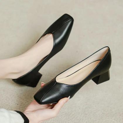 Medium Heels, Thick Heels, Soft Leather Black..