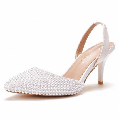 7 Cm Shallow Toe Sandals, White Pearl Sandals,..