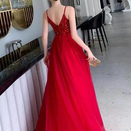 V-neck Party Dress, Red Dress, Backless Evening..