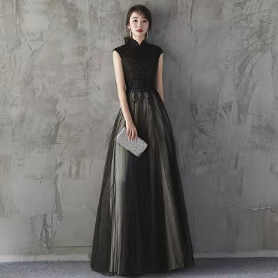 Black Evening Dress, Noble Prom Dress, High Collar..
