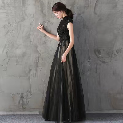 Black Evening Dress, Noble Prom Dress, High Collar..
