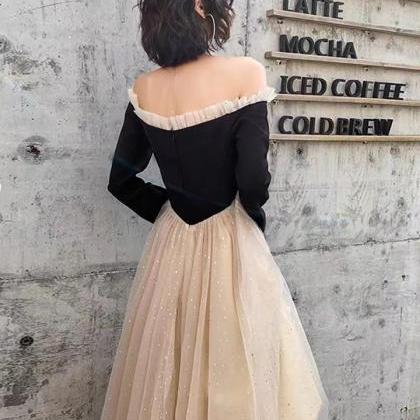 Black Evening Dress, Chic Prom Dress, Long Sleeve..
