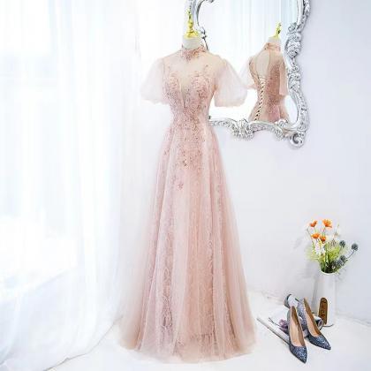 Pink Evening Dress, Fairy Temperament Long Prom..