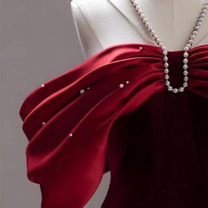 Off Shoulder Red Dress, Light Luxury Evening..