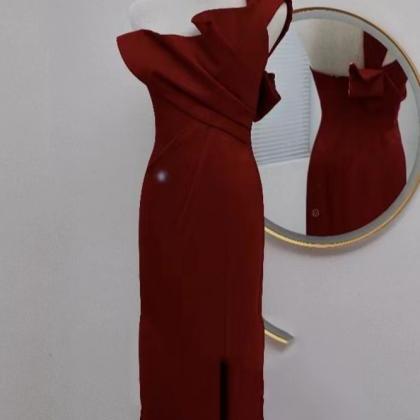 Red Evening Dress, Satin Prom Dress, One Shoulder..