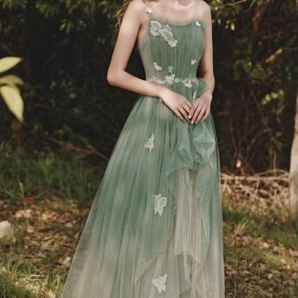 Green Party Dress, Fairy Evening Dress, Spaghetti..