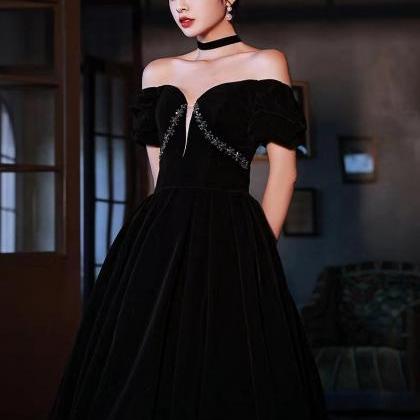 Off Shoulder Evening Dress, Velvet Black Dress,..
