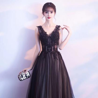 V-neck Black Evening Dress, Noble Prom Dress, Slim..