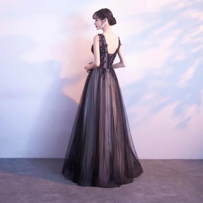 V-neck Black Evening Dress, Noble Prom Dress, Slim..