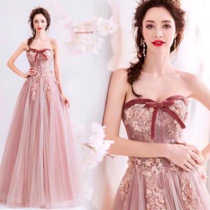 Fairy Prom Dress, Pink Party Dress, Strapless Prom..