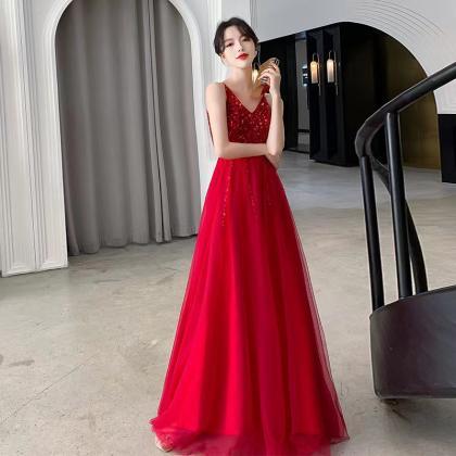V-neck Prom Dress,red Party Dress,sexy Evening..