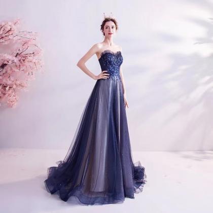 Blue Starry Sky Prom Dress, Long Train Birthday..