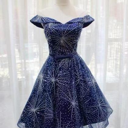 Off Shoulder Prom Dress,navy Blue Party Dress,cute..