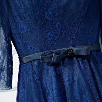 Long Sleeve Prom Dress,navy Blue Party Dress,lace..