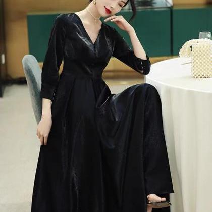 V-neck Evening Dress,black Prom Dress,long Sleeve..