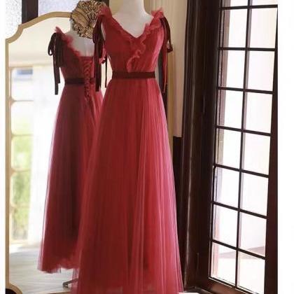 V-neck Evening Dress,red Prom Dress,fairy Party..