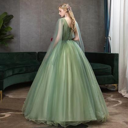V-neck ball gown dress, green party..