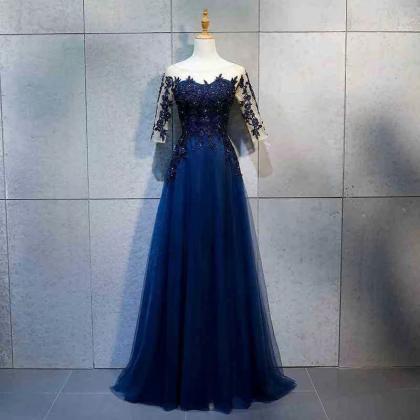 Navy Blue Prom Dress, Lace Evening Dress,formal..