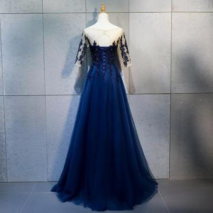 Navy Blue Prom Dress, Lace Evening Dress,formal..