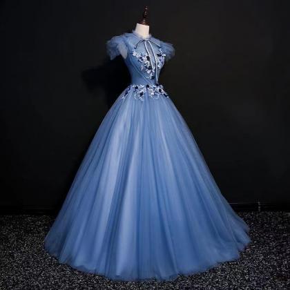  High neck blue prom dress, chic ev..