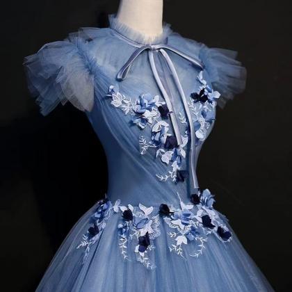  High neck blue prom dress, chic ev..