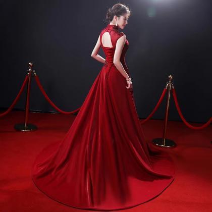 Red Evening Dress,high Neck Prom Dress, Noble..