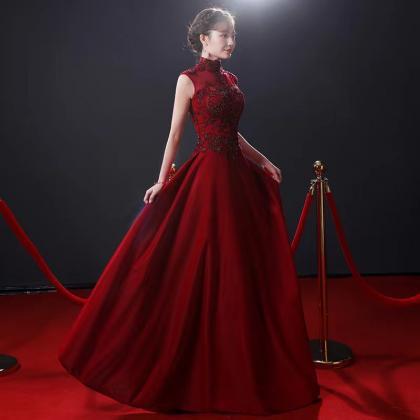 Red Evening Dress,high Neck Prom Dress, Noble..