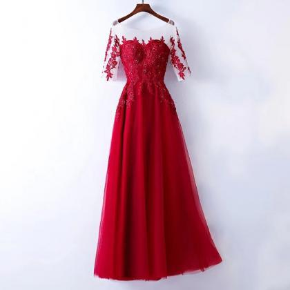 O-neck Evening Dress, Red Party Dress,mid Sleeve..