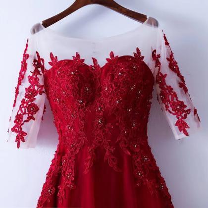 O-neck Evening Dress, Red Party Dress,mid Sleeve..