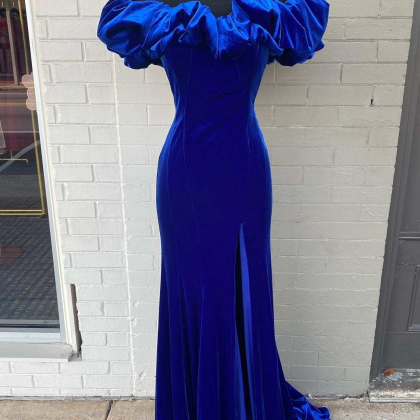 Royal Blue Evening Dress,velvet Prom Dress, Off..