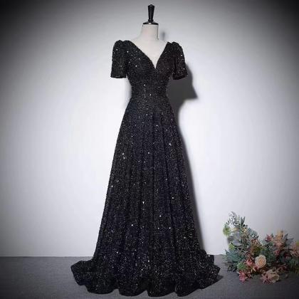 Simple Prom Dress,v-neck Evening Dress, Black..