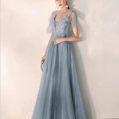 Blue Party Dress, Fairy Prom Dress, V-neck Evening..