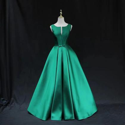 Green Evening Dress, Satin Prom Dress, Sleeveless..