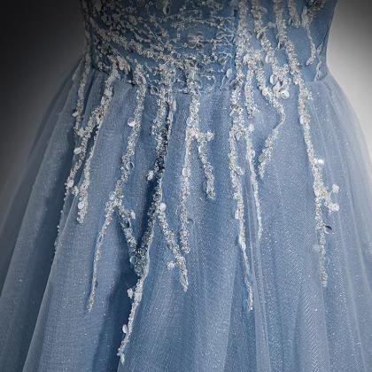 V-neck Prom Dress，blue Evening Dress,fairy Party..
