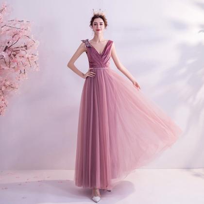 V-neck Evening Dress, Chic Prom Dress,pink Party..