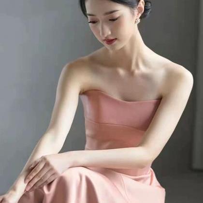 Satin Evening Dress,pink Prom Dress,strapless..