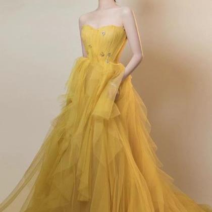 Strapess Prom Dress,yellow Party Dress,chic..