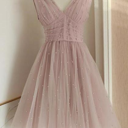 V-neck Evening Dress,pink Prom Dress, Cute Party..