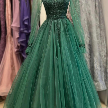 Dark Green Tulle Prom Dress, Beads Long Sleeve..