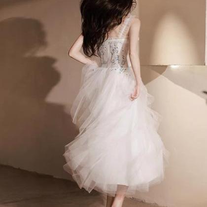 Spaghetti Strap Prom Dress,cute Midi Dress,white..