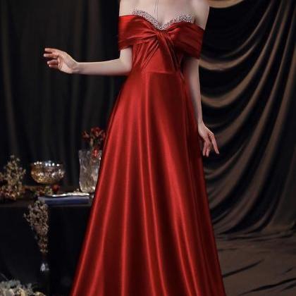 Off Shoulder Evening Dress,red Party Dress,satin..
